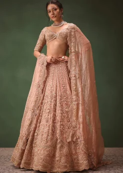 Peach Chanderi Brocade Embroidered Bridal Lehenga With Two Dupattas