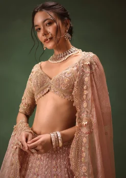 Peach Chanderi Brocade Embroidered Bridal Lehenga With Two Dupattas
