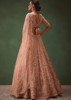 Peach Chanderi Brocade Embroidered Bridal Lehenga With Two Dupattas