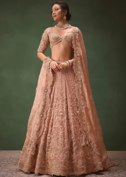 Peach Chanderi Brocade Embroidered Bridal Lehenga With Two Dupattas