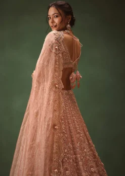 Peach Chanderi Brocade Embroidered Bridal Lehenga With Two Dupattas
