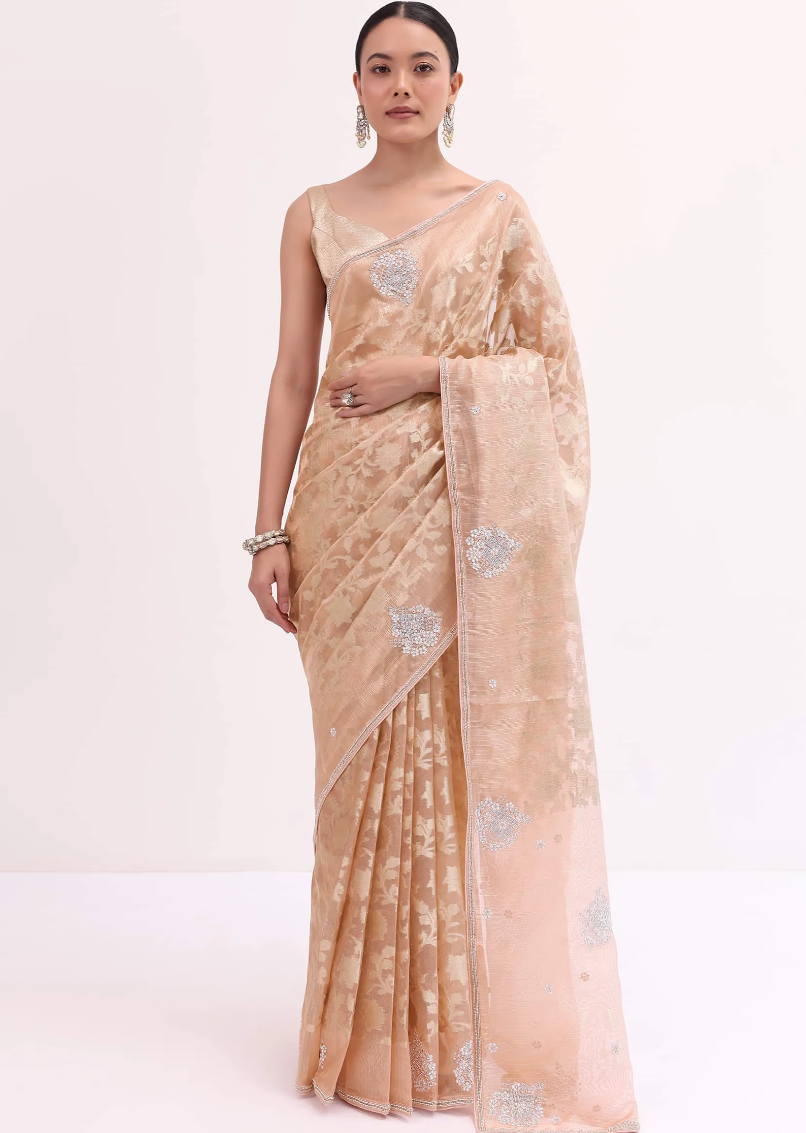 Peach Chanderi Saree With Unstitched Blouse
