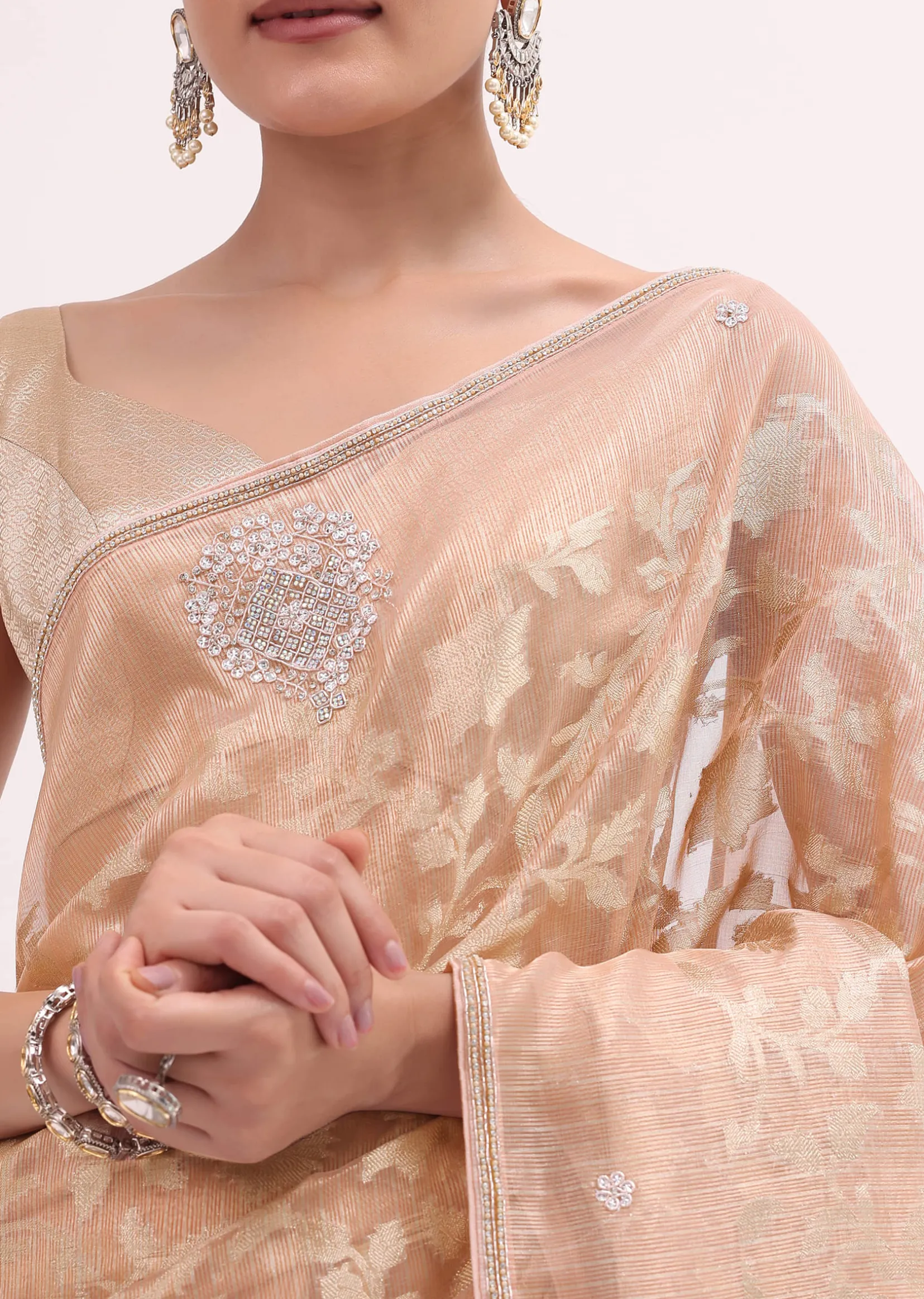 Peach Chanderi Saree With Unstitched Blouse