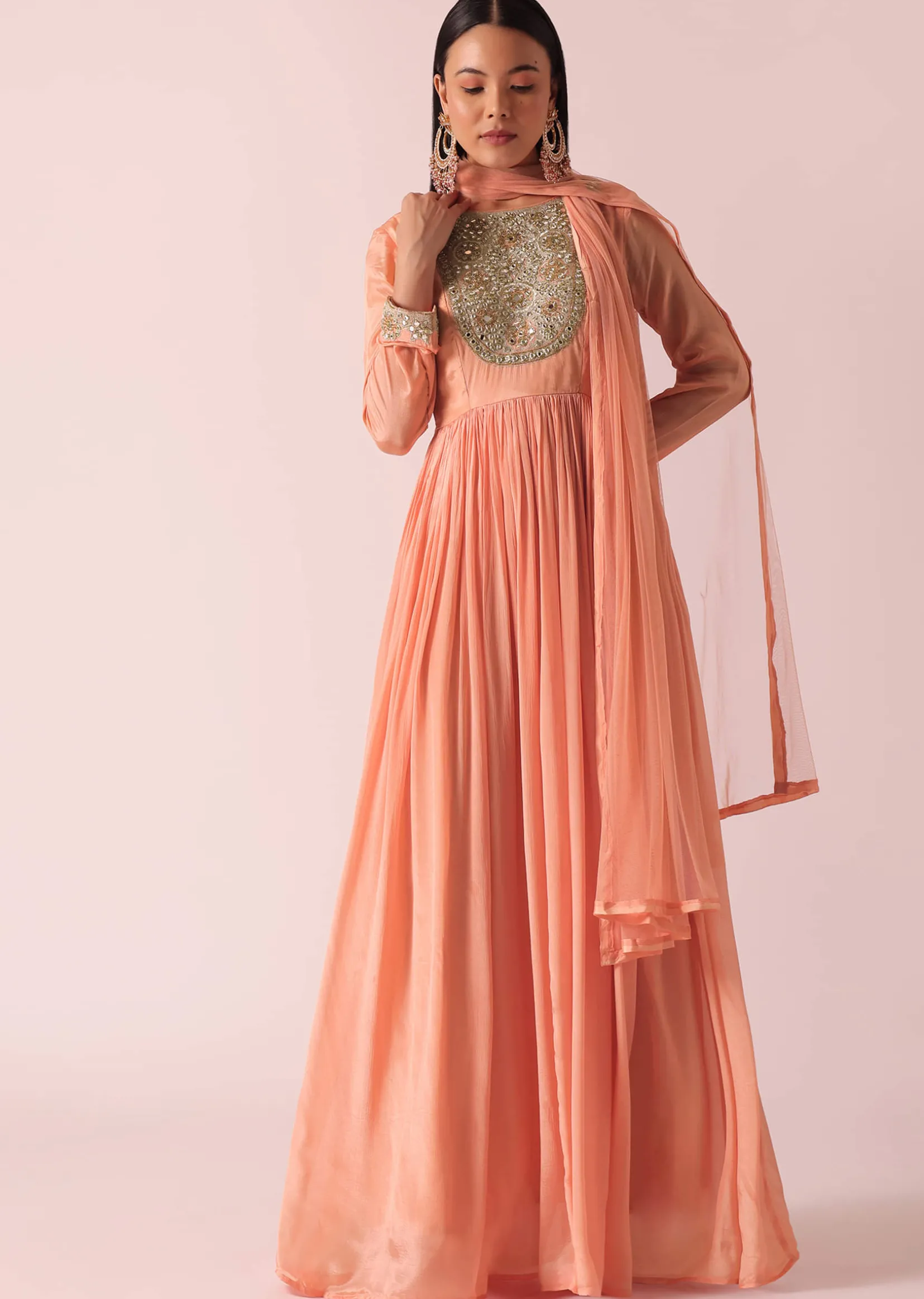 Peach Chiffon Embroidered Anarkali With Dupatta