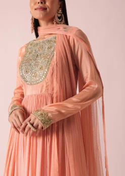 Peach Chiffon Embroidered Anarkali With Dupatta