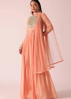 Peach Chiffon Embroidered Anarkali With Dupatta