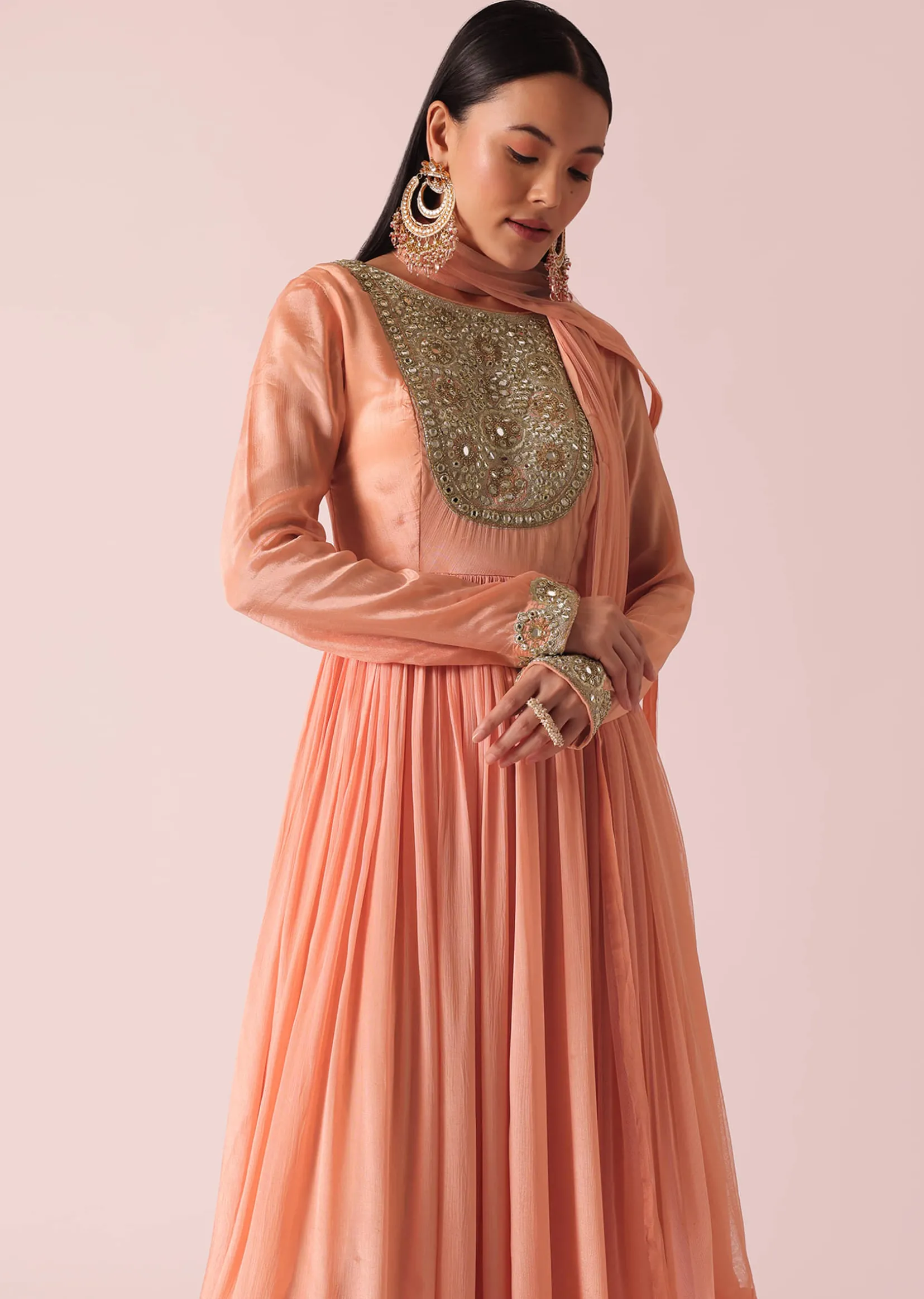 Peach Chiffon Embroidered Anarkali With Dupatta