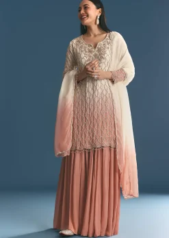 Peach Chinon Ombre Kurta Palazzo Suit With Sequins Threadwork