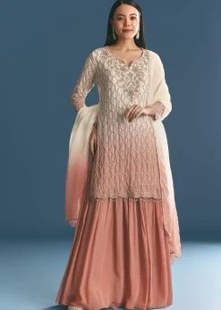 Peach Chinon Ombre Kurta Palazzo Suit With Sequins Threadwork