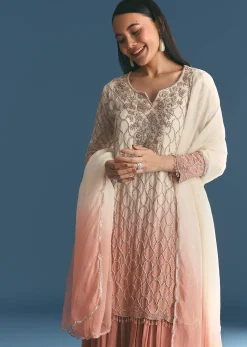 Peach Chinon Ombre Kurta Palazzo Suit With Sequins Threadwork