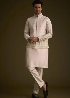 Peach Cotton Silk Jacket Set With Multi Color Resham Floral Embroidery