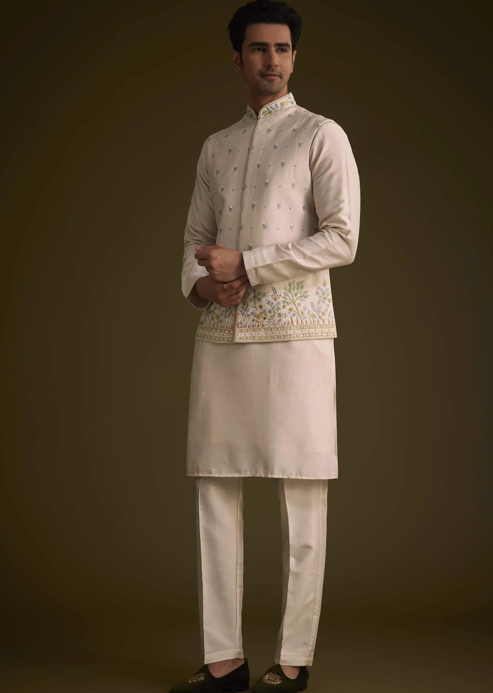 Peach Cotton Silk Jacket Set With Multi Color Resham Floral Embroidery