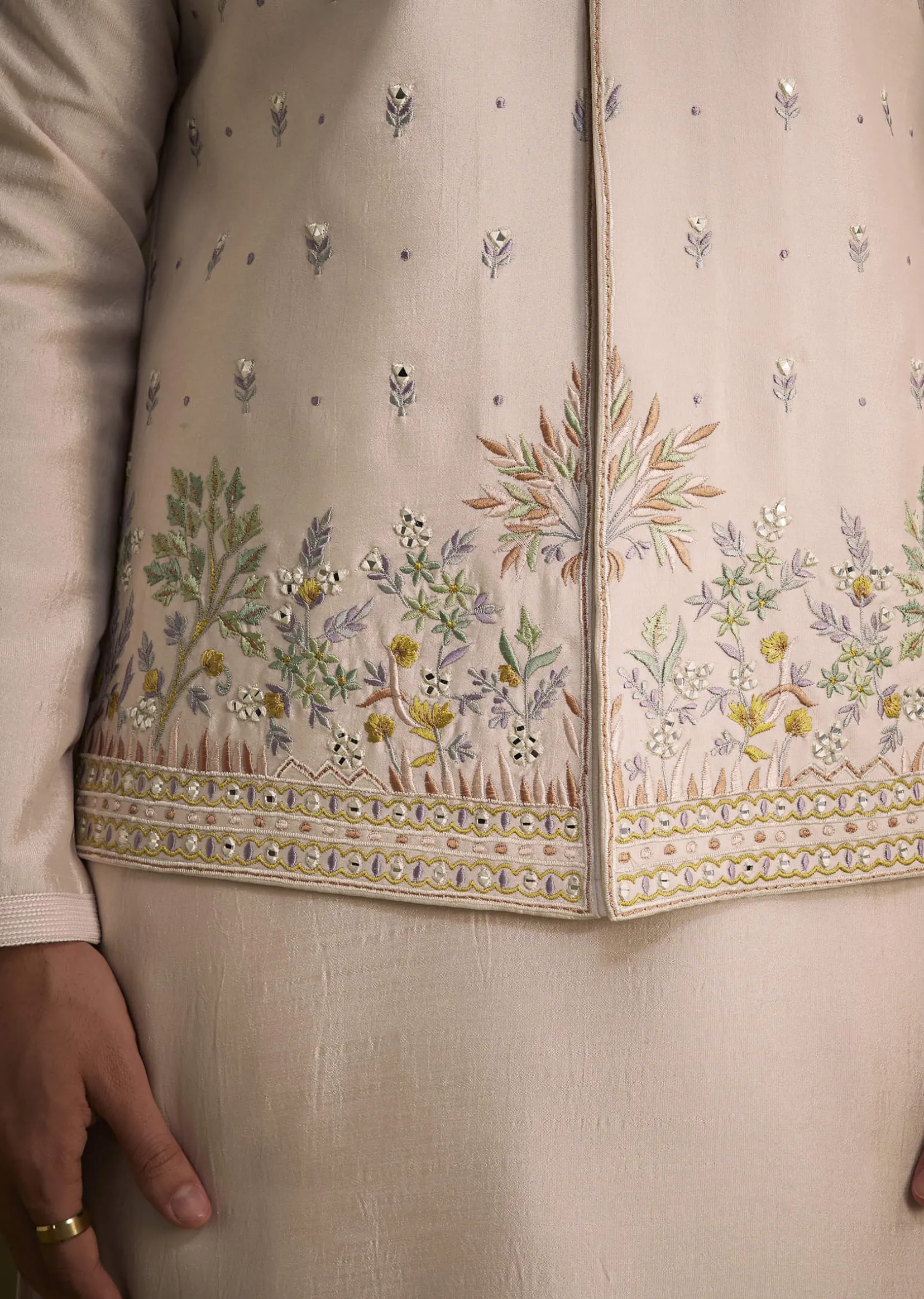 Peach Cotton Silk Jacket Set With Multi Color Resham Floral Embroidery