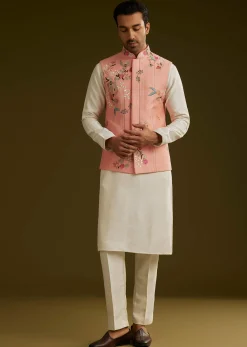 Peach Cotton Silk Kurta Set With Aari Work Jacket
