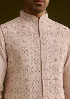 Peach Cotton Silk Kurta Set With Geometric Threadwork Jacket
