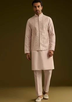 Peach Cotton Silk Kurta With Mirror Threadwork Jacket