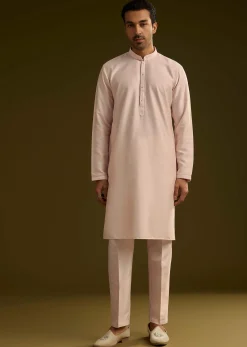 Peach Cotton Silk Kurta With Mirror Threadwork Jacket
