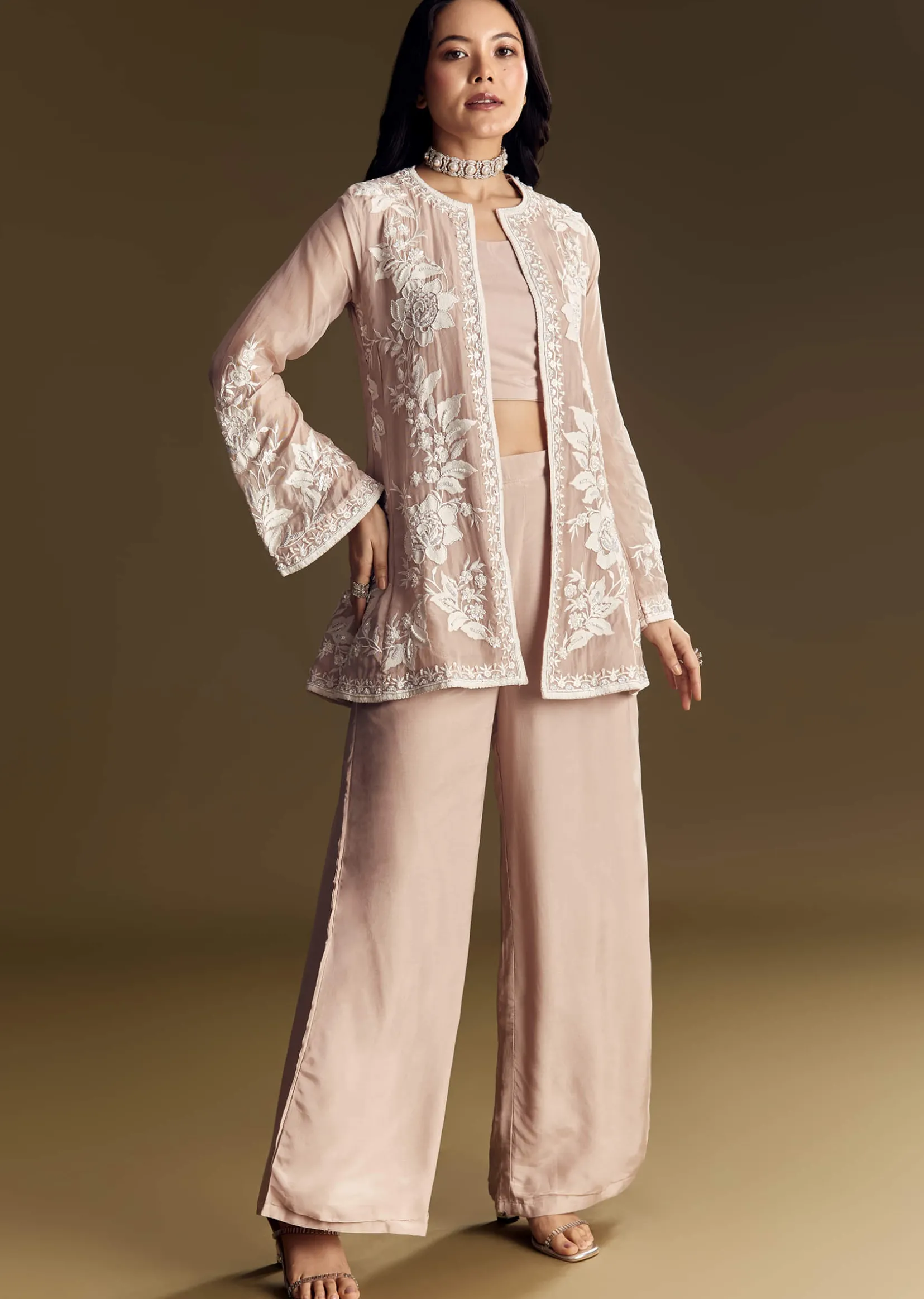 Peach Crop Top Set With Embroidered Organza Jacket