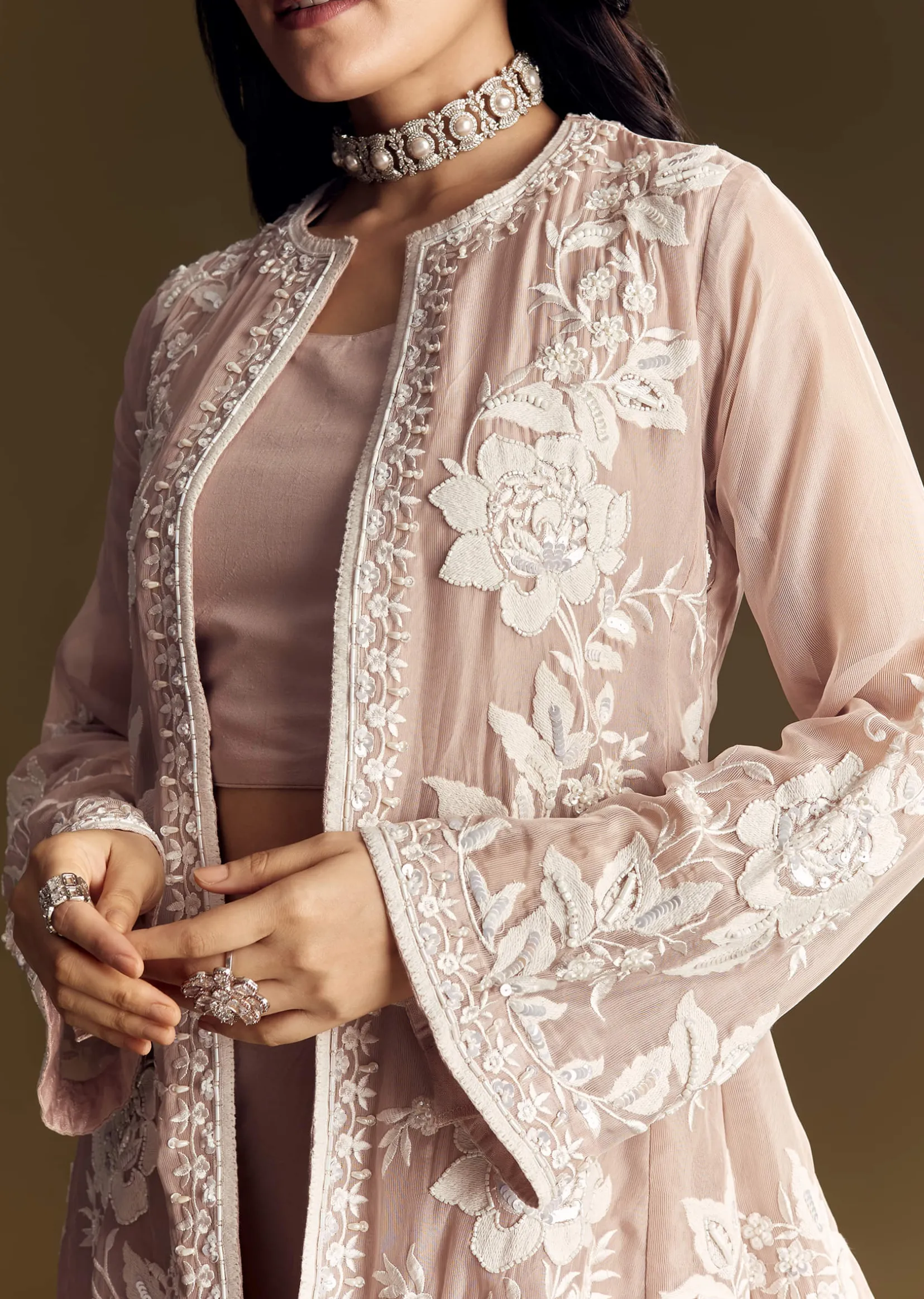 Peach Crop Top Set With Embroidered Organza Jacket