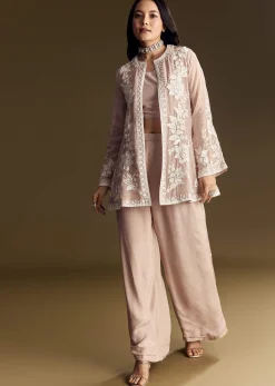 Peach Crop Top Set With Embroidered Organza Jacket