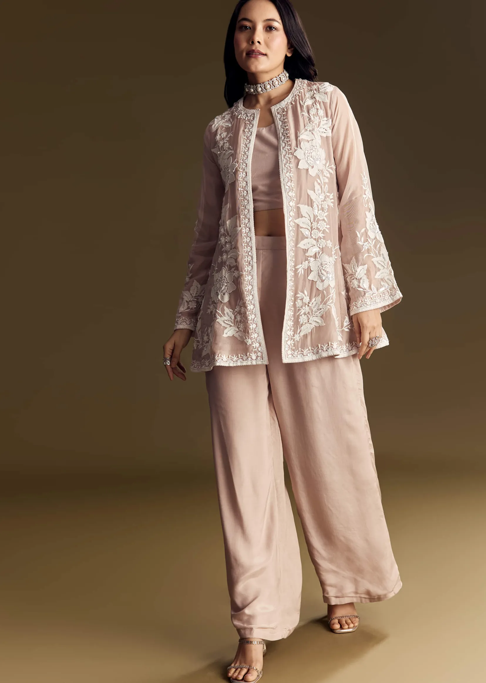Peach Crop Top Set With Embroidered Organza Jacket