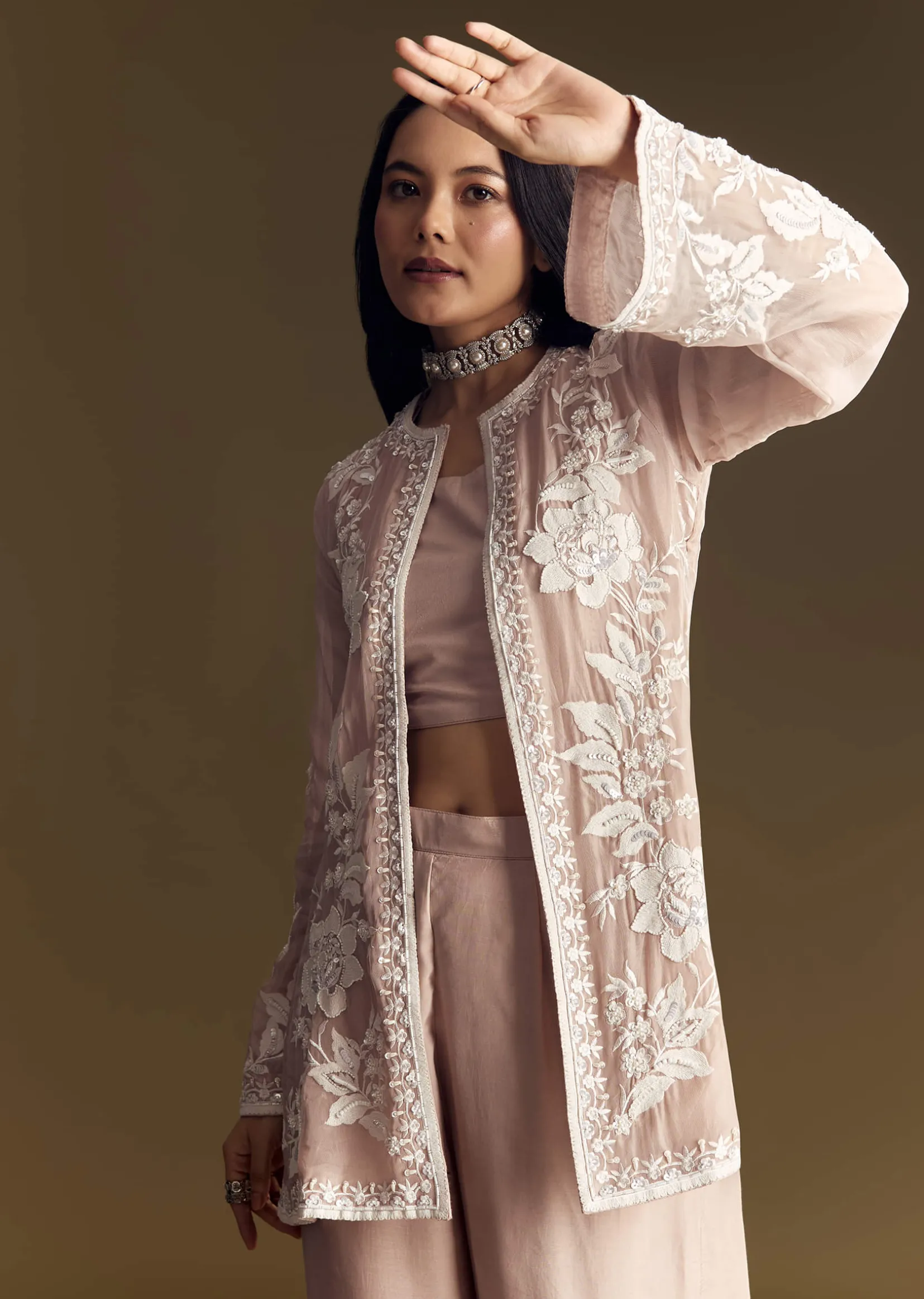 Peach Crop Top Set With Embroidered Organza Jacket