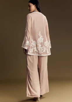 Peach Crop Top Set With Embroidered Organza Jacket