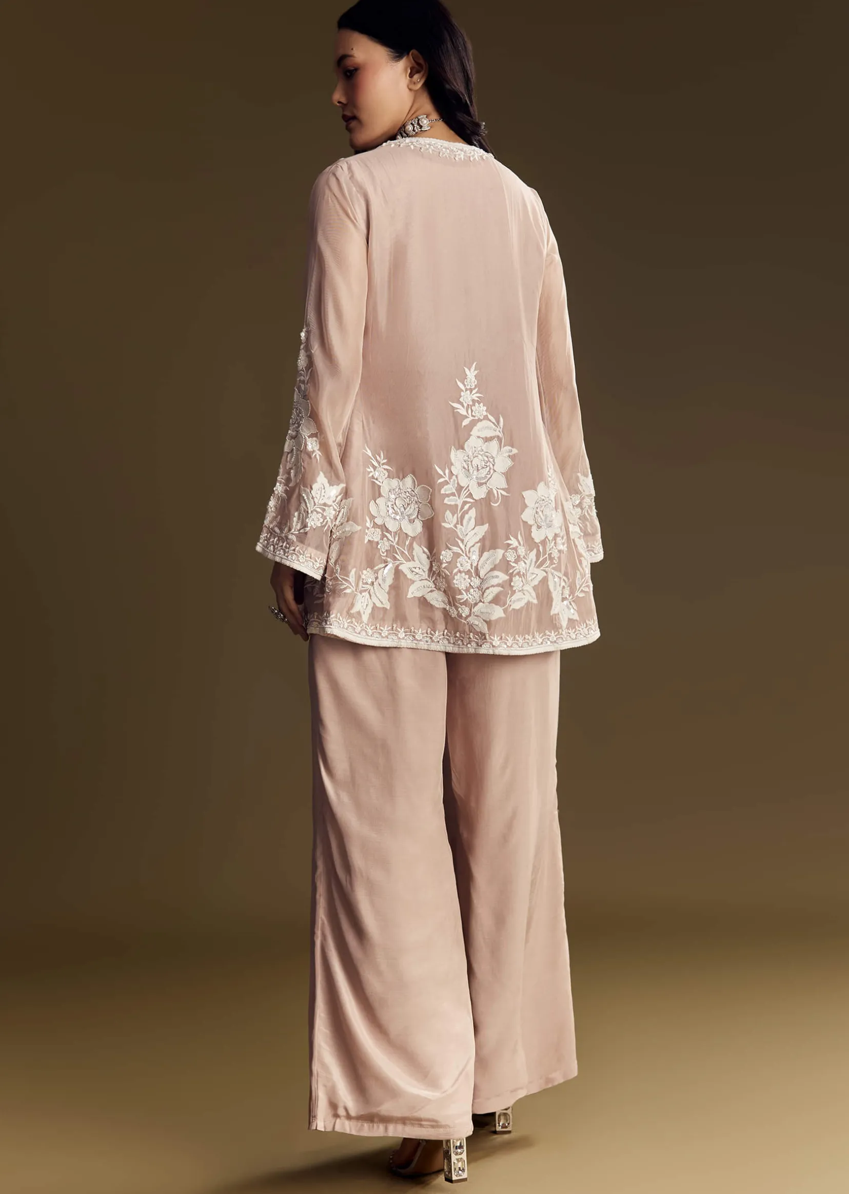 Peach Crop Top Set With Embroidered Organza Jacket