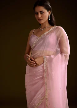 Peach Crush Tissue Saree With Stone And Moti Embroidery And Scallop Border