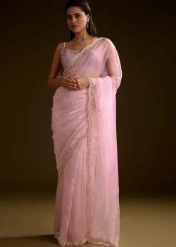 Peach Crush Tissue Saree With Stone And Moti Embroidery And Scallop Border