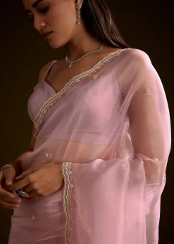 Peach Crush Tissue Saree With Stone And Moti Embroidery And Scallop Border