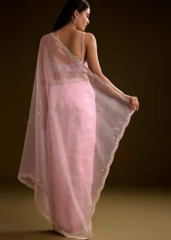 Peach Crush Tissue Saree With Stone And Moti Embroidery And Scallop Border