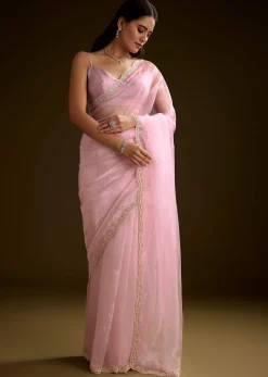 Peach Crush Tissue Saree With Stone And Moti Embroidery And Scallop Border