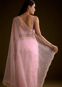 Peach Crush Tissue Saree With Stone And Moti Embroidery And Scallop Border