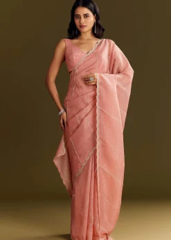 Peach Crush Tissue Saree With Cutdana And Beads Scallop Border