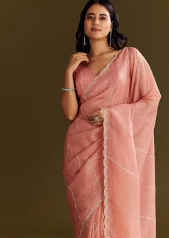 Peach Crush Tissue Saree With Cutdana And Beads Scallop Border