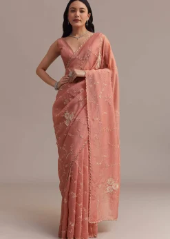 Peach Crushed Tissue Saree With Cutdana And Sequins Jaal Work