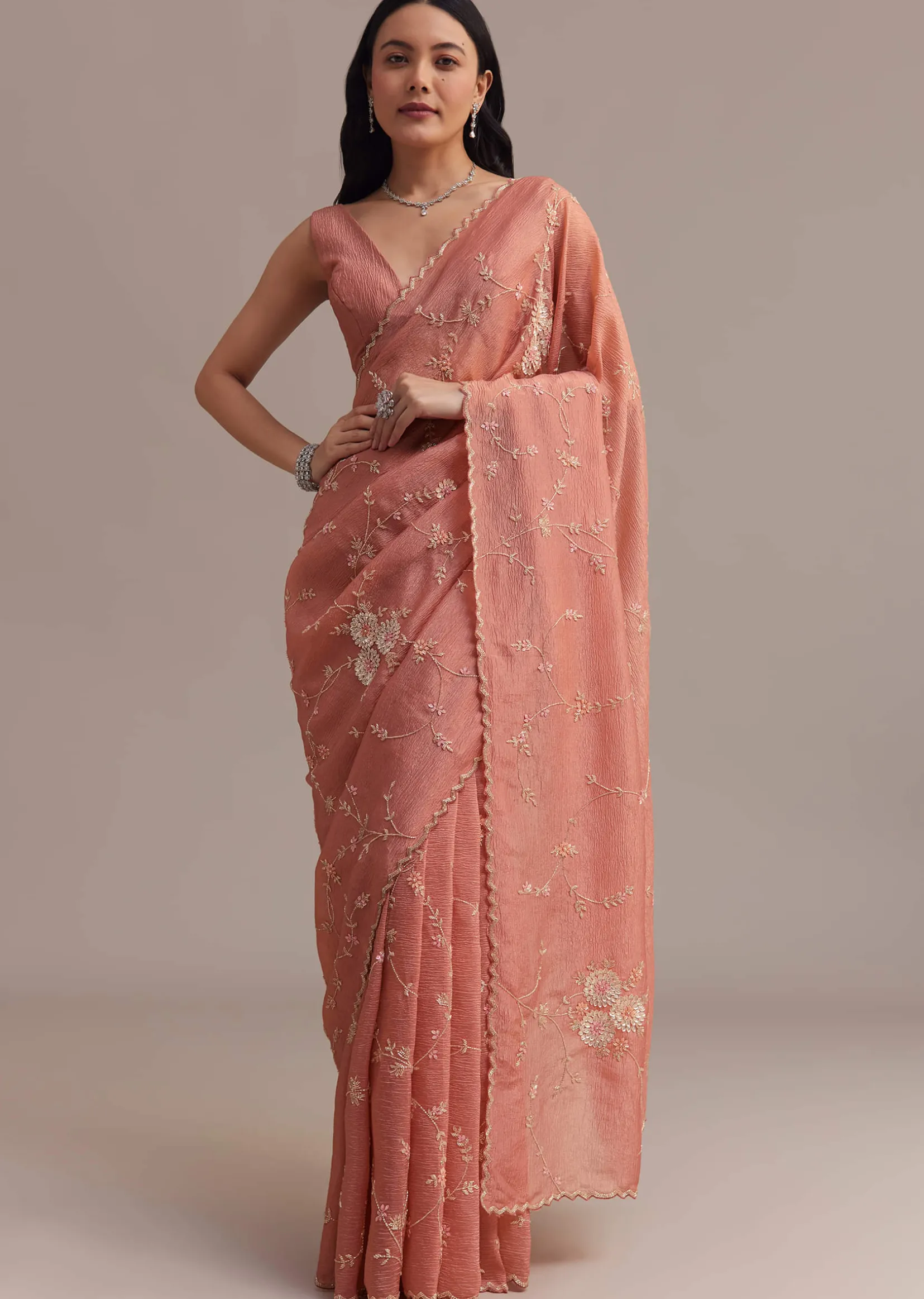 Peach Crushed Tissue Saree With Cutdana And Sequins Jaal Work