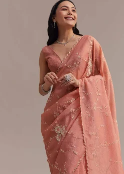 Peach Crushed Tissue Saree With Cutdana And Sequins Jaal Work