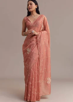Peach Crushed Tissue Saree With Cutdana And Sequins Jaal Work