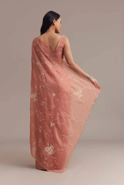 Peach Crushed Tissue Saree With Cutdana And Sequins Jaal Work