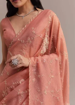 Peach Crushed Tissue Saree With Cutdana And Sequins Jaal Work