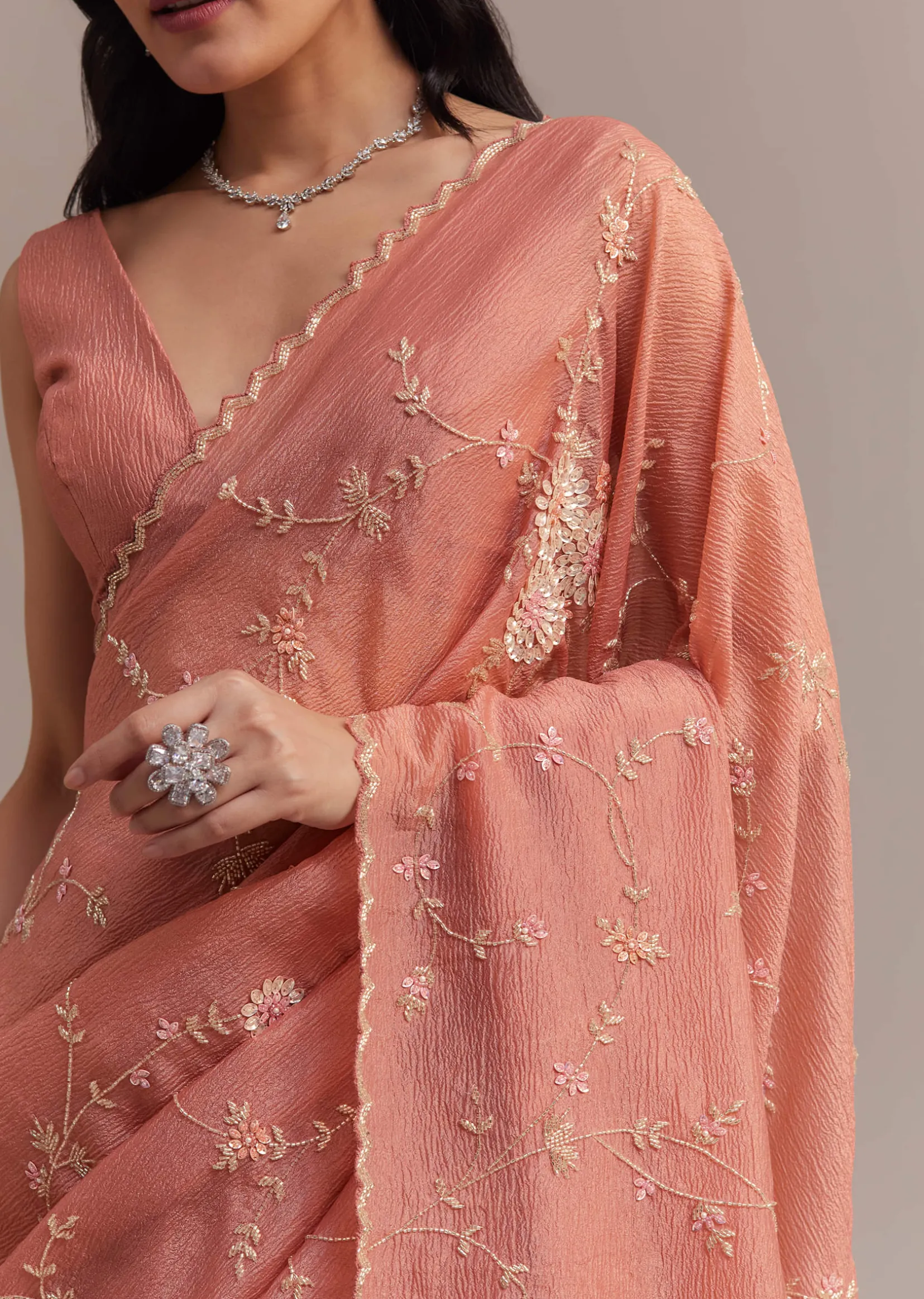 Peach Crushed Tissue Saree With Cutdana And Sequins Jaal Work