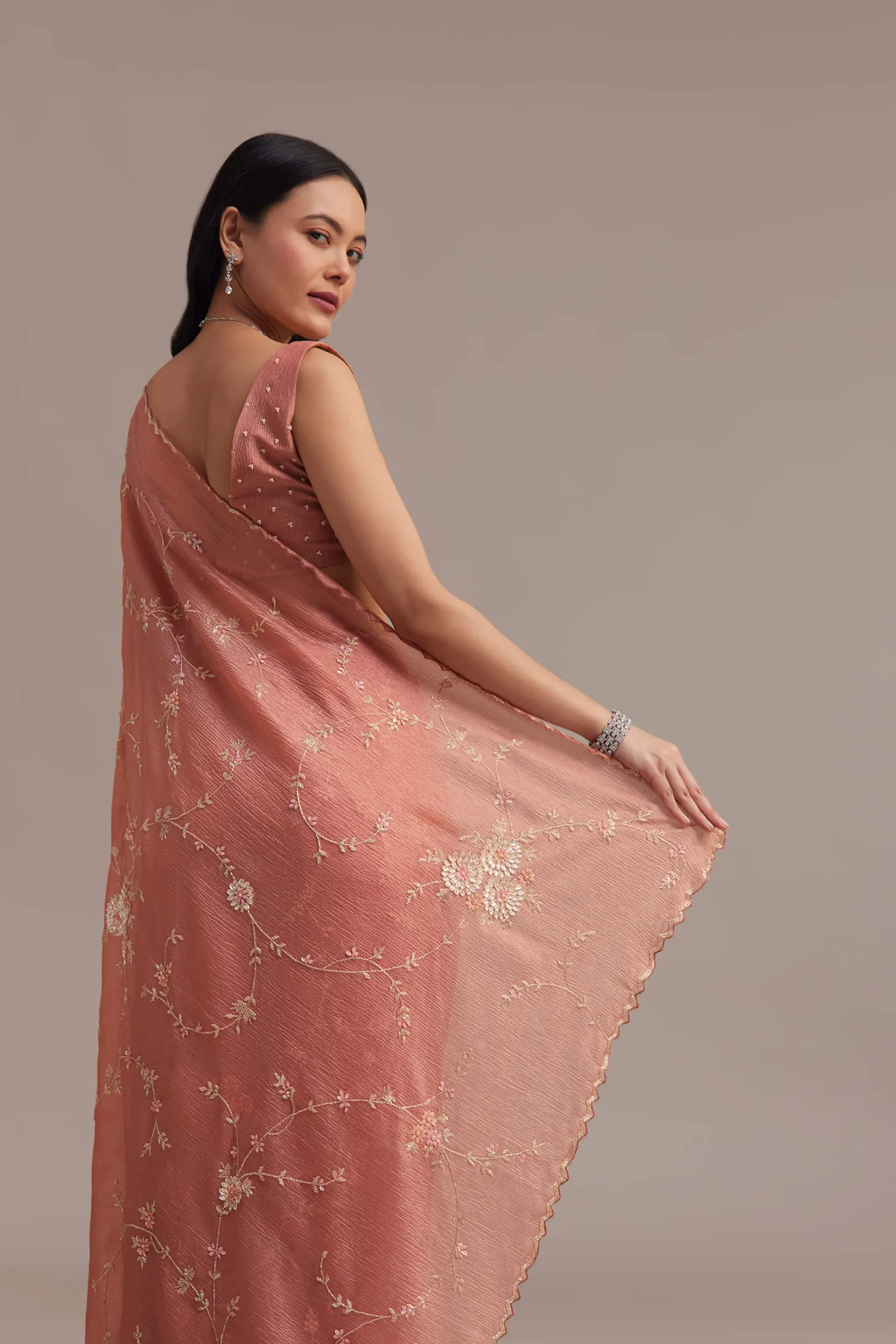 Peach Crushed Tissue Saree With Cutdana And Sequins Jaal Work