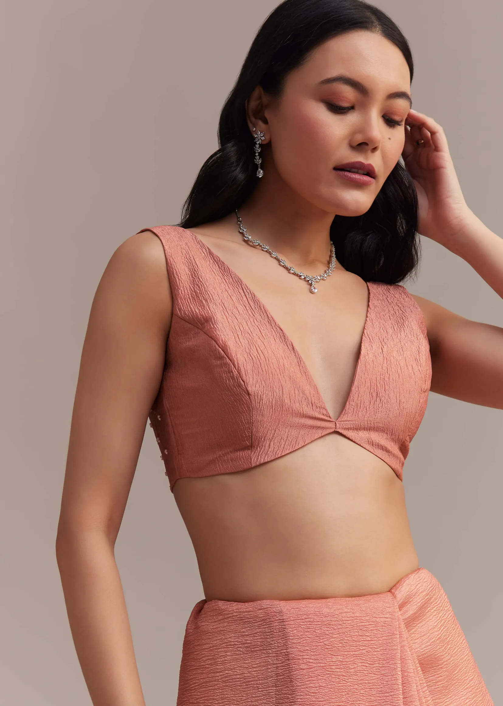 Peach Crushed Tissue Saree With Cutdana And Sequins Jaal Work