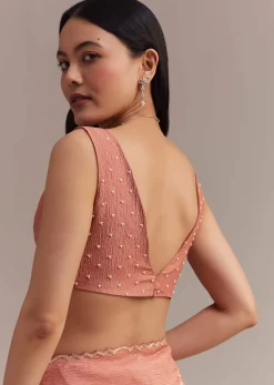 Peach Crushed Tissue Saree With Cutdana And Sequins Jaal Work