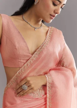 Peach Crushed Tissue Saree With Cutdana And Sequins Embroidery