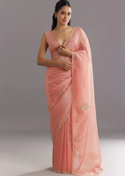 Peach Crushed Tissue Saree With Cutdana And Sequins Embroidery