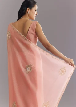 Peach Crushed Tissue Saree With Cutdana And Sequins Embroidery
