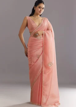 Peach Crushed Tissue Saree With Cutdana And Sequins Embroidery